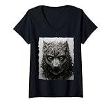Damen Wolf Face Bleistift Kunst, Zeichnung T-Shirt mit V