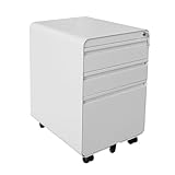 Panana Rollcontainer, abschließbar, Aktenschrank mit 3 Schubladen, Büroschrank mit 5 Rollen, Schreibtisch, Unterschrank, für Akten, Dokumente im A4- und Letter (Weiß)