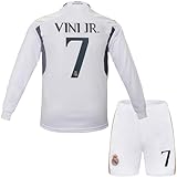 metekoc R. Madrid Vini Jr. #7 Vinicius Heim Fußball Langarm Trikot und Shorts Kinder Jungengrößen (Weiß, 22 (4-5 Jahre))