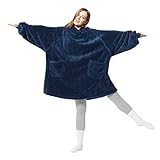 BEDSURE Hoodie Decke mit Ärmeln Deckenpullover - Tragbare Decke zum Anziehen als Geschenke für Frauen Damen, Warm Kuschelpullover Erwachsene weich Ärmeldecke Blau 95x85