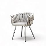 mb-moebel Stuhl mit geflochtener Rückenlehne und Goldenenenen Metallfüße Sessel aus Samt Esszimmerstuhl Schminktisch Stuhl - 64x78x54 cm - TENLEX (Beige + Silberen, Riviera 21)
