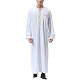 HUIPYOU Herren Muslim Druck Kaftan Islamisch Royalty Dubai Robe O-Ausschnitt Lange Ärmel Retro Tuniken Abaya Lose Kandoura,Weiß,L