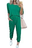 PRETTYGARDEN Zweiteiliges Damen-Outfit, kurzärmeliger Pullover mit Kordelzug, lange Hose, Trainingsanzug, Jogger-Set, hellgrün, X-Larg