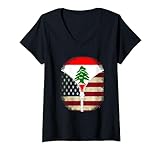 Damen Libanon Amerikanische USA-Flagge – USA libanesischer Reißverschluss T-Shirt mit V