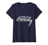 Damen Coca-Cola Vintage White Drink Logo Bottle T-Shirt mit V