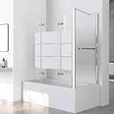 WOWINNE Gestreift Duschwand für Badewanne 140cmx140cm, 3-teilige Faltbare Duschabtrennung mit 5mm Nano ESG Glas, Rahmenlose Glasduschtür mit Seitenglas, Duschtür für Badewanne in C