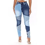 FUZUAA Stretchy Patchwork Jeans Damen Trendy Elastische Taille Zweifarbige Jeans Denim Hosen (Color : Blue, Size : XXL)