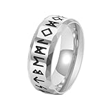 Mesnt Verlobungsring Damen, 8MM Ring im klassischen Stil mit abgeschrägten Kanten in Wikingerschrift aus Edelstahl für Unisex Silber, Größe 52 (16.6)