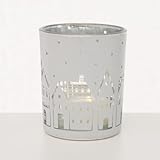 ReWu Elegante Glas-Windlichter im 2er Set Teelichthalter mit Häuser Motiv Elegante Weihnachtsdekoration für Stimmungsvolle Lichtquellen Weiß