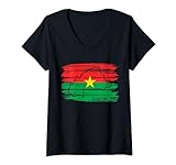Damen Burkinabe Flagge Zeichnung mit Pinsel, Skizze der Burkina Faso Karte T-Shirt mit V