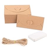 Mini Briefumschläge Set, 30 Stück Kraftpapier Umschläge mit 30 Blanko Karten, und Hanfseil, Kleine Briefumschläge mit Herz Verschluss für DIY, Geschenkkarten(10x6cm)