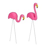 Relaxdays Flamingo Figur 2er Set, niedliche Gartendeko, tropisches Flair, Kunststoff, Metall, Dekofigur 2 Größen, pink