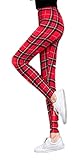 Vidfye Damen Leggings mit rotem Schottenkaro-Muster, lang, dehnbar, volle Länge, modische Leggings, Rotes Gitter, O