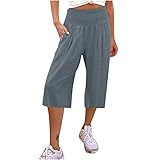 Mrat Baumwoll-Leinen-Hose, 3/4-Hose mit Taschen, Sommer, leger, lockere Passform, weite Beine, elastische Taille, bequeme Lounge, Caprihose, Culotte, Shorts, Arbeit, Reisen, Golf, Strand, Yoga,