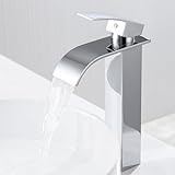 Wasserfall Waschtischarmatur hoch, Auralum Neue verbesserte geräuscharme Wasserhahn Bad, Edelstahl Armatur Waschbecken für Aufsatzwaschbecken, 30% Wassereinsparung, V