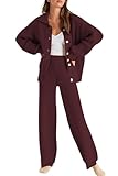 Cakulo 2-teiliges Damen-Lounge-Set, 2-teiliges Outfit, Herbst-Knopf-Pullover, passendes Set, weites Bein, Jogginganzüge, Loungewear, Weinrot, Größe XL, weinrot, XL