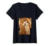 Jugendstil Dame & Hund - Modernes Klimt Goldene Phase Porträt T-Shirt mit V