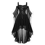 FaschingskostüMe Damen Gothic Kleid Damen Vintage Schwarz Mittelalterliches Kleid mit Trompetenärmeln Gebundene Taille Kleid Halloween Karneval Kostüm für F