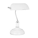 Relaxdays Bankerlampe weiß, Glas Lampenschirm, schwenkbarer, Schreibtischlampe, Retro Stil, Tischlampe Metall, Vintage Tischleuchte HBT 36 x 26 x 21 cm, weiß-silb