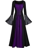 Gothic Kleid Damen Langarm Kostüm Hexe Viktorianisches Kleid Damen Mittelalterliche Kleidung Steampunk Renaissance Damen Kleidung für Karneval Halloween Cosplay Lila M