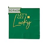 Servietten mit Aufschrift 'Let's Get Lucky – St. Patrick's Day', 3-lagig, Set mit 50 grünen Kleeblättern, Goldfolie, Patty's Day-Servietten, perfekt für St. Patty's Day, Getränke-Servietten, 50 Stück