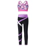 dPois Mädchen Zweiteiler Sportbekleidung Sport BH Ärmellos Weste mit langen Leggings Pants Tight Bauchfrei für Gymnastik Workout Training H Gardenia-Rose 134-140