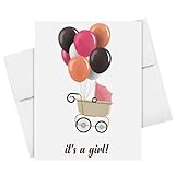 It's a Girl! – Rosa Kinderwagen & Luftballons – Grußkarten für Babypartys und Umschläge für frischgebackene Mütter, Eltern, Willkommensgeburt, Glückwünsche, Geschlechtsoffenbarung, Ankündigung