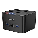 FIDECO Festplatten Dockingstation, USB 3.0 Dualschacht Festplatten Docking Station Offline Klonfunktion für 2,5 Zoll & 3,5 Zoll HDD SSD SATA, Unterstützt TF & SD Karte, Unterstützen UAS