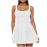 Sommerkleid Damen Freizeitkleid Gebauschtes Rüschenkleid Volltonfarbe Jumpsuit Schulterfrei Elegant Stufenkleid Chiffon Frauen Sexy Kurzen Rock Square Neck Sleeveless Rüschenkleid mit integ