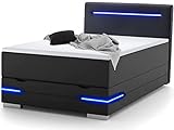 wonello Boxspringbett 140x200 mit Bettkasten, LED Beleuchtung und 2X USB Anschluss - gemütliches Bett mit einzigartiger Optik - Stauraumbett 140 x 200 cm beleuchtet schwarz mit Matratze und Topp