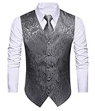 HISDERN Herren Paisley Hochzeitsweste Krawatte Einstecktuch Taschentuch Jacquard Weste Anzug Set Splitter G