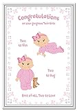Zwillingskarte für Mädchen – Neugeborene Zwillinge – Glückwunsch zur Geburt von wunderschönen Schwestern – hochwertige Grußkarte mit Aufschrift 'Good Wishes' – Innenseite blanko zum Schreiben I