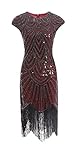 MIMIKRY 20er Jahre Charleston Pailletten Kleid Rot/Schwarz mit Fransen Flapper Damen-Kostüm, Größe:XXL