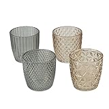Seaside No.64 - Windlicht-Set 4 teilig aus Glas 7,5 x 7,5cm - Teelichthalter für Romantisches Ambiente - Kerzenständer mit verschiedenen Designs - Retro Kristall Ornamente - (beige/grau, Set)