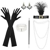 KEWUZY 6 Teiliges 20er Jahre Accessoires, 1920 Zubehör Set, Great Gatsby Party Kostüme Damen mit Flapper Stirnband Handschuhen Perlenkette Ohrringen für Halloween W