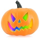 com-four® Kürbis mit LED-Beleuchtung - Halloweenkürbis als Hauseingangs- und Fensterdekoration - großer Kunststoff-Kürbis mit Grusel-Fratze - Horror-Pumpkin mit 6 Beleuchtungsmodi (Orange - 22cm)