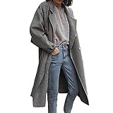NLAVW Zweireihiger Wendemantel für Damen, Wintermantel für Damen, Warmer Kunstwollmantel, Revers, schmaler, Langer Mantel,Grau,4XL
