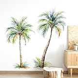 Tanlaby Wandtattoo Palme Groß Baum Tropische Pflanzen Grüne Wandsticker Aquarell Palmen Wandaufkleber Kokosnussbaum für Wohnzimmer Schlafzimmer Flur Bad Wanddek