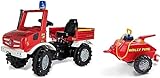 Rolly Toys Unimog Feuerwehr Tretauto (mit Anhänger ab 3 Jahren, Feuerwehrauto zum selber fahren mit Flüsterlaufreifen, Schaltung, Handbremse, Tretfahrzeug, Tretauto ab 3, Kinderfahrzeug) 038275