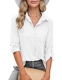 Zeagoo Hemden 3/4 Ärmel Blusen Damen Langarm Hemd Freizeit mit Button Down Kragen und Knopfleiste Weiß XL