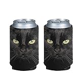 HUGS IDEA Schlanker Dosenkühler mit schwarzem Tier-Katzen-Design, Neopren, für Bierdosen-Kühler, langlebig, elastisch, maschinenwaschbar, 2 Stück