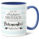 Befördert zum Patenonkel Geschenk Keramik Kaffee Tasse (330ml) | Cooles Taufgeschenk für Bruder - Brüder werden Patenonkel (Blau)