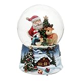 Dekohelden24 Schneekugel Santa mit Rentier und Pinguin blauem Sockel mit Weihnachtliche Winterlandschaft und Spielwerk, Melodie: White C