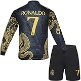 metekoc R. Madrid Ronaldo #7 Kinder Trikot Fußball Spezielle Golddrachen-Edition, Langarmtrikot und Shorts, Jugendgrößen (Schwarz,30)