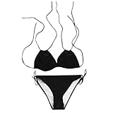 TYTUOO Damen Zweiteiliger Triangel Bikini Set Plus Size Solid Neckholder Push Up Gepolsterter Badeanzug Bademode Gr. 50, Schw