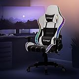 ML-Design Gaming Stuhl mit RGB LED-Beleuchtung & Bluetooth-Lautsprechern, Weiß, Kunstleder, Ergonomischer Bürostuhl, Hohe Rückenlehne, Kopfstütze, Lendenkissen, drehbar-verstellbar, Racing Gamer S
