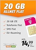 klarmobil Allnet Flat 20 GB – Handyvertrag 24 Monate im Telekom Netz mit Internet Flat, Flat Telefonie und EU-Roaming – Aktivierungscode per E-M