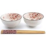 lachineuse - Set mit 2 japanischen Schüsseln Kirschblüten Ø 11 cm – Reisschüsseln, Poke Bowl, Frühstück & Suppe – 2 Paar Essstäbchen – asiatische Schüssel Japan Asien – Geschenk japanisches G