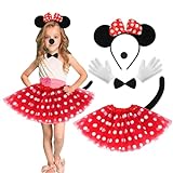 ACWOO Maus Mouse Kostüm, 6-teiliges Set Rot Tutu mit weiß Gepunktet Haarreifen mit Maus Ohren Handschuhe Schwanz Nase für Fasching Karneval Halloween Motto Cosplay Party