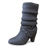 Queentina Damen Stiefel Strick Stiefeletten mit Absatz - Boots Strickschaft High Heels Reißverschluss - Outdoor Schuhe Winter - ST62 Grau Größe 39